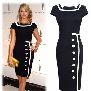 Elegant Black and White Button-Detail Dress pin up, Jackie O style, nautical,